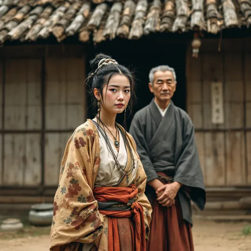 Prompt: A 50 year old peasant woman of the Ashikaga Shogunate in Japan is standing with her father  in front of a village hut in 1400AD. She is wearing Ashikaga skirts of the period.   She has her hair in the Ashikaga style and is wearing Ashikaga facial and body make-up and jewellery.
