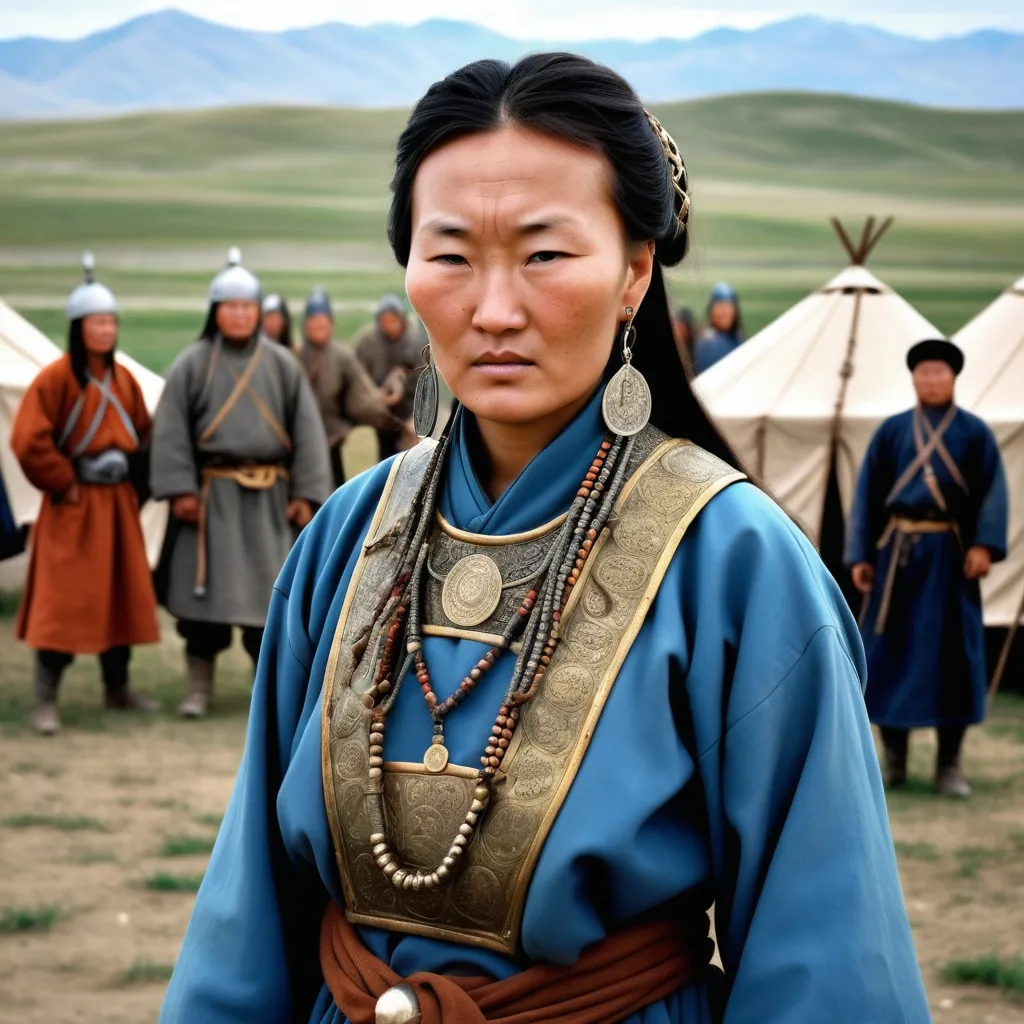 Prompt: A military encampment of the Mongol Empire about 1250AD. Standing in the foreground is a 70 year old Mongolian woman. She has Mongol style hair of the period. She is wearing Mongol clothing of the thirteenth century.  She is wearing Mongol facial and body jewellery.