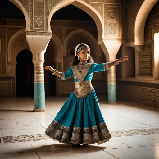 Prompt: In the background is a room in a palace iMamluk Kingdom of Egypt. In the centre is a full length 10 year old Mamluk dancer dressed in Mamluk  dancer clothing is dancing .  She has blackMamluk hair, brown eyes, a small nose and  Mamluk make-up, facial and body jewellery..