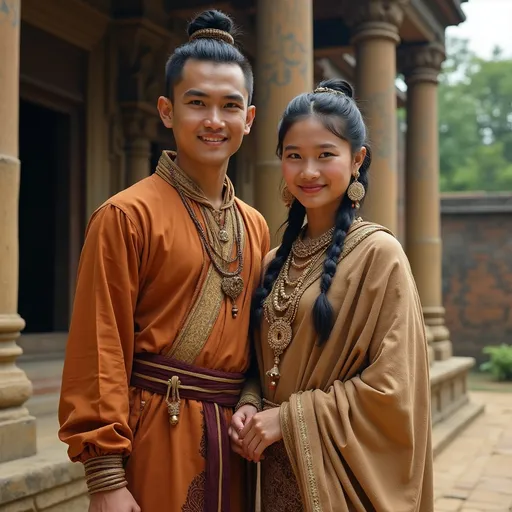 Prompt: A 16 year old peasant girl of the Kingdom of Ava in 1450AD in Burma is standing with her husband in front of a temple.. She is wearing Ava Burmese clothing of the period. She has her hair in the Ava Burmese style and is wearing Ava Burmese facial and body make-up and jewellery.