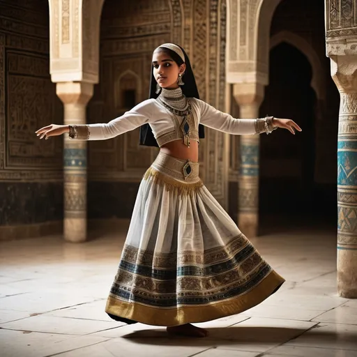 Prompt: In the background is a room in a palace iMamluk Kingdom of Egypt. In the centre is a full length 16 year old Mamluk dancer dressed in Mamluk  dancer clothing is dancing .  She has blackMamluk hair, brown eyes, a small nose and  Mamluk make-up, facial and body jewellery..