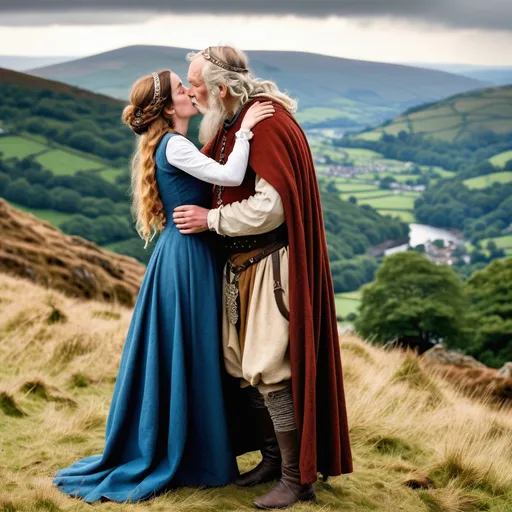 Prompt: A full length image of a 30 year old womanl of the Kingdom of Powys in mediaeval Wales in 1050AD kissing an old man on a mountainside which rises behind them. She has hair done in the Mediaeval Welsh style,. She is wearing Mediaeval Welsh clothing of the period. She is wearing Mediaeval Welsh face and body jewellery and make-up..