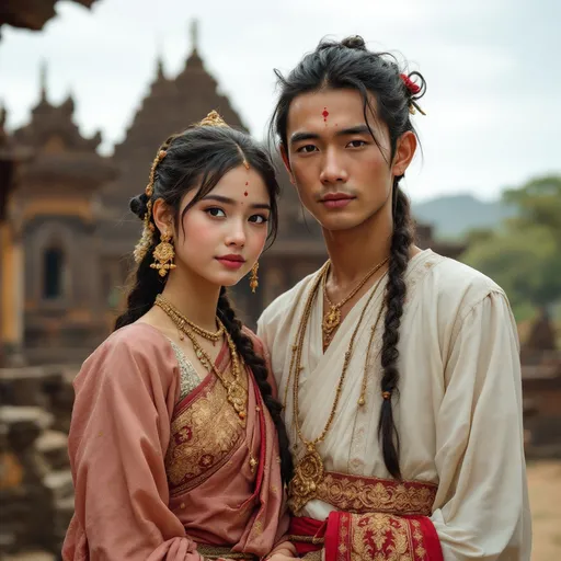 Prompt: A 16 year old peasant girl of the Kingdom of Ava in 1450AD in Burma is standing with herhusband in front of a temple.. She is wearing Ava Burmese clothing of the period. She has her hair in the Ava Burmese style and is wearing Ava Burmese facial and body make-up and jewellery.