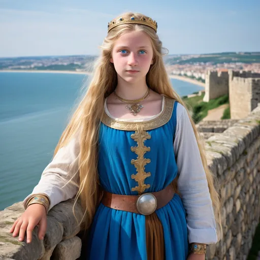 Prompt: A full length body image of a 16 year old girl of the KIngdom of Francia about 750AD stands on a city wall overlooking the coast. She has Long blonde hair,blue eyes and a small nose. She is wearing traditional Frankish clothing of the time and Frankish face and body jewellery.