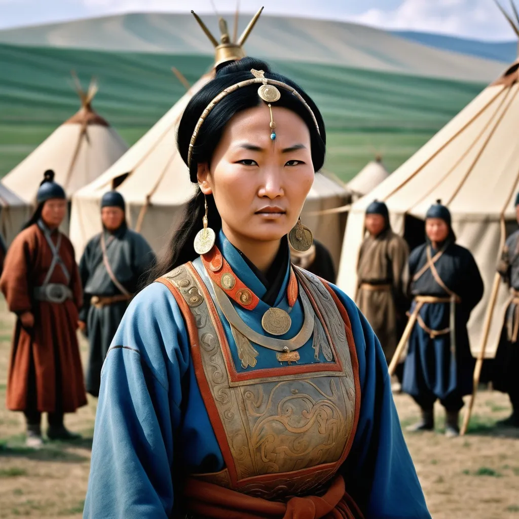 Prompt: A military encampment of the Mongol Empire about 1250AD. Standing in the foreground is a 60 year old Mongolian woman. She has Mongol style hair of the period. She is wearing Mongol clothing of the thirteenth century.  She is wearing Mongol facial and body jewellery.