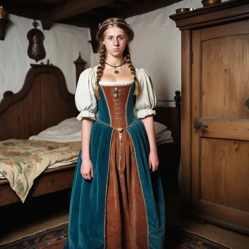 Prompt: A full length image of a 25 year old noble woman of the Duchy of Bavaria in mediaeval Bavaria in 1350AD standing  in a Mediaeval bedroom. She has hair done in the Mediaeval Bavarian Irish style,. She is wearing Mediaeval Bavarian clothing of the period. She is wearing Mediaeval Bavarian face and body jewellery and make-up..