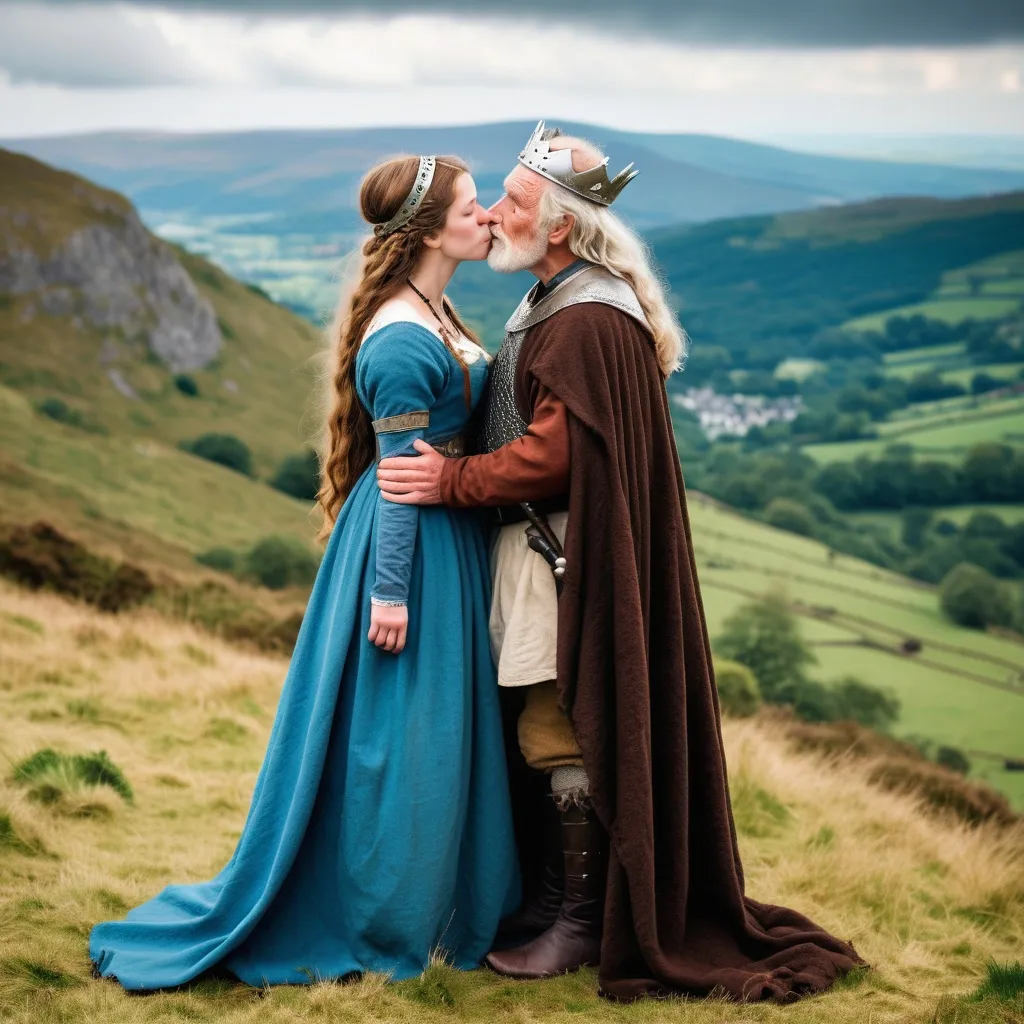 Prompt: A full length image of a 25 year old womanl of the Kingdom of Powys in mediaeval Wales in 1050AD kissing an old man on a mountainside which rises behind them. She has hair done in the Mediaeval Welsh style,. She is wearing Mediaeval Welsh clothing of the period. She is wearing Mediaeval Welsh face and body jewellery and make-up..