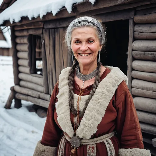 Prompt: A full length image of a smiling 60 year old woman of Kievan Rus in mediaeval Ukraine in 1050AD standing in a woooden village in the snow. She has hair done in the Rus style,. She is wearing Kievan Rus  clothing of the period.  She is wearing Kievan Rus face and body jewellery and make-up..