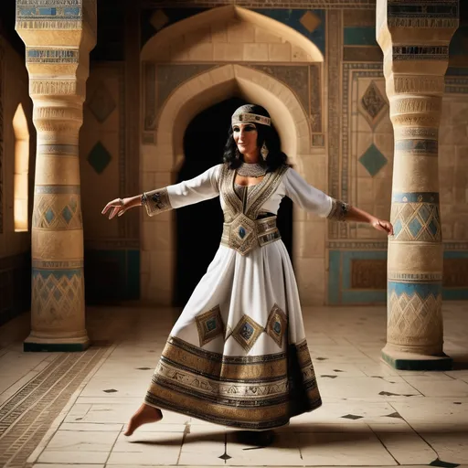 Prompt: In the background is a room in a palace in Mamluk Kingdom of Egypt. In the centre is a full length 50 year old Mamluk dancer dressed in Mamluk dancer clothing is dancing . She has black Mamluk hair, brown eyes, a small nose and Mamluk make-up, facial and body jewellery..