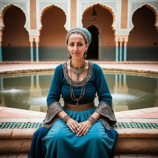 Prompt: A 40 year old woman sits by a fountain in the courtyard of a palace in Saadi Dynasty Morocco in 1350AD. She has Moroccan style hair of the period. She is wearing Saadi Moroccan style skirts of the period.She wears Saadi Moroccan style facial and body jewellery and makeup.