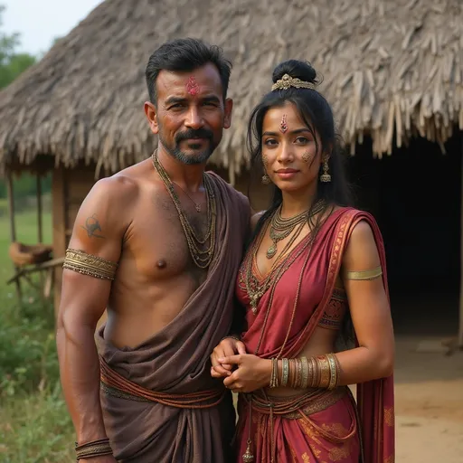 Prompt: A 30 year old peasant woman of the Khmer Empire in 1300CE in Kampuchea is standing with her father in front of a village hut. She is wearing Khmer clothing of the period.  She has her hair in the Khmer style and is wearing Khmer facial and body make-up and jewellery.