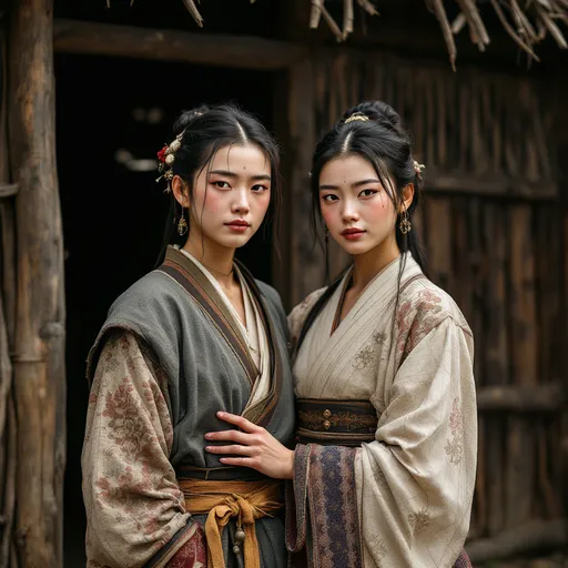 Prompt: A 25 year old peasant woman of the Ashikaga Shogunate in Japan is standing with her father  in front of a village hut in 1400AD. She is wearing Ashikaga skirts of the period.  She has her hair in the Ashikaga style and is wearing Ashikaga facial and body make-up and jewellery.
