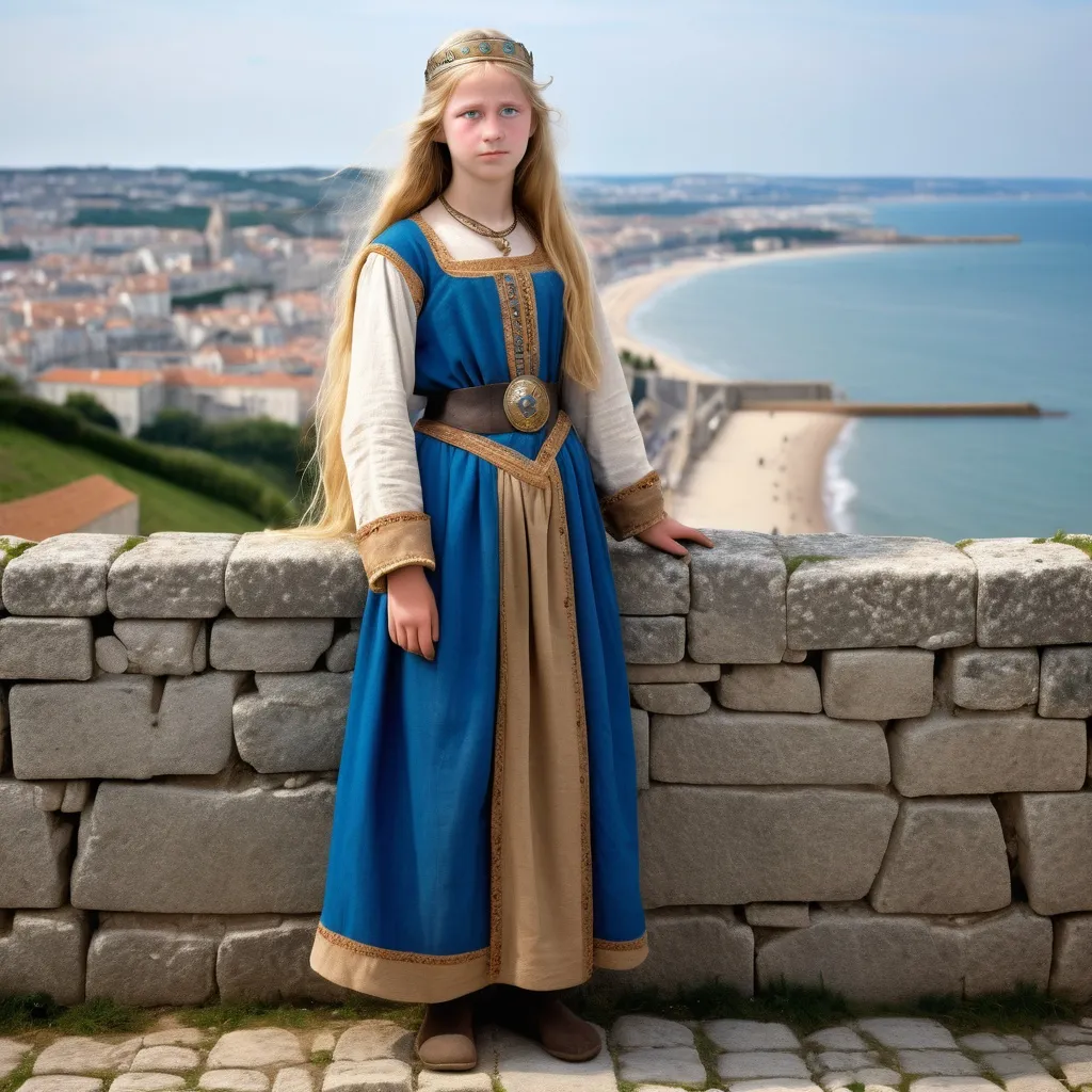 Prompt: A full length body image of a 16 year old girl of the KIngdom of Francia about 750AD stands on a city wall overlooking the coast. She has Long blonde hair,blue eyes and a small nose. She is wearing traditional Frankish clothing of the time and Frankish face and body jewellery.