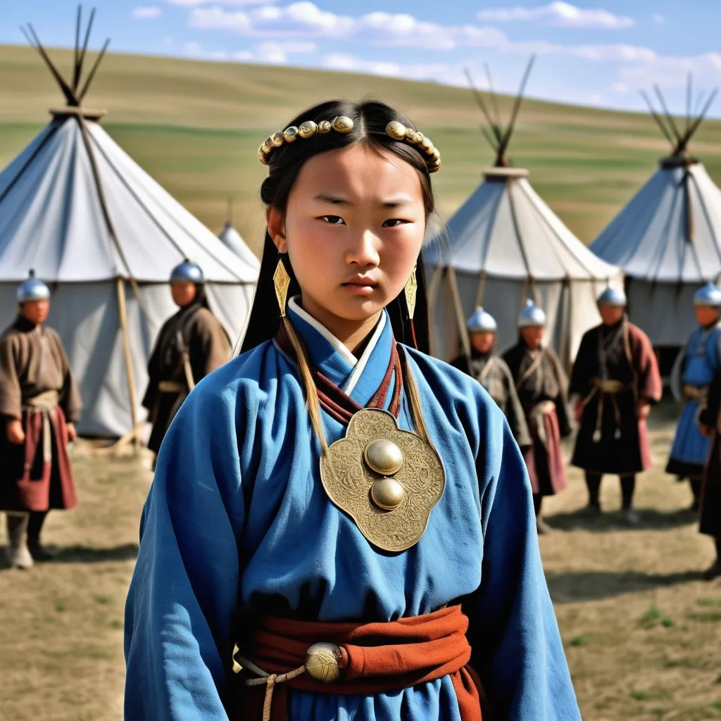 Prompt: A military encampment of the Mongol Empire about 1250AD. Standing in the foreground is a 14 year old Mongolian girl. She has Mongol style hair of the period. She is wearing Mongol clothing of the thirteenth century. She is wearing Mongol facial and body jewellery.