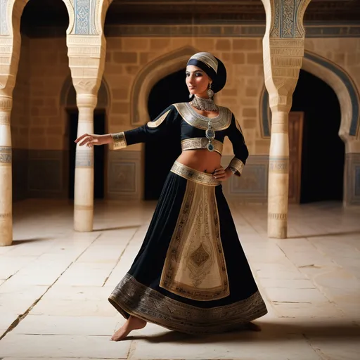 Prompt: In the background is a room in a palace in Mamluk Kingdom of Egypt. In the centre is a full length 30 year old Mamluk dancer dressed in Mamluk dancer clothing is dancing .  She has black Mamluk hair, brown eyes, a small nose and Mamluk make-up, facial and body jewellery..