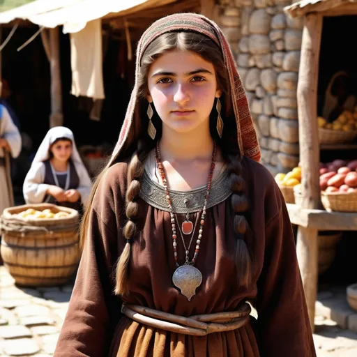 Prompt: A mountain village market in the mediaeval Kingdom of Cilician Armenia about 1300AD. There is a full length 16 year old Armenian girl dressed in Armenian clothing. She has  Armenianstyle hair, brown eyes, a small nose. She wears Armenian facial and body make-up and jewellery