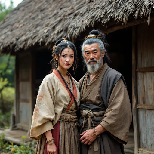 Prompt: A 40 year old peasant woman of the Ashikaga Shogunate in Japan is standing with her father  in front of a village hut in 1400AD. She is wearing Ashikaga skirts of the period.   She has her hair in the Ashikaga style and is wearing Ashikaga facial and body make-up and jewellery.
