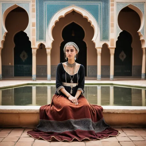 Prompt: A 25 year old woman sits by a fountain in the courtyard of a palace in Saadi Dynasty Morocco in 1350AD. She has Moroccan style hair of the period. She is wearing Saadi Moroccan style skirts of the period. She wears Saadi Moroccan style facial and body jewellery and makeup.