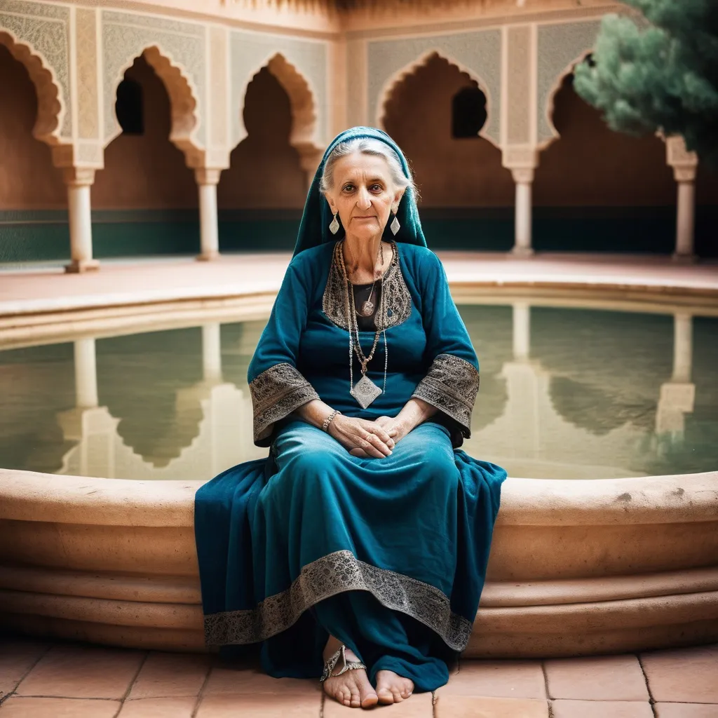 Prompt: A 70 year old woman sits by a fountain in the courtyard of a palace in Saadi Dynasty Morocco in 1350AD. She has Moroccan style hair of the period. She is wearing Saadi Moroccan style skirts of the period.  She wears Saadi Moroccan style facial and body jewellery and makeup.