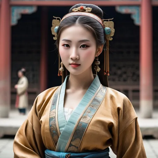 Prompt: There is a full length 25 year old classical Han woman in a marketplace in classical Song dynasty China about 1050 AD. She is dressed in classical  Song Dynasty clothing. She has   Song Dynasty hair, brown eyes, a small nose and a full mouth and  Song Dynasty. She is wearing  Song Dynasty face and body jewellery.