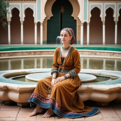 Prompt: A 30 year old woman sits by a fountain in the courtyard of a palace in Saadi Dynasty Morocco in 1350AD. She has Moroccan style hair of the period. She is wearing Saadi Moroccan style skirts of the period. She wears Saadi Moroccan style facial and body jewellery and makeup.