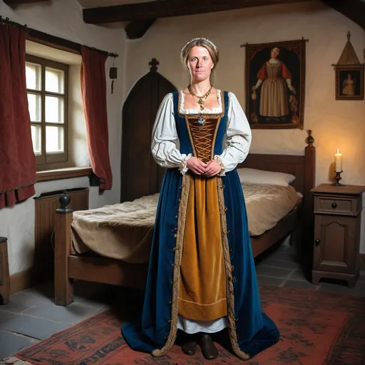 Prompt: A full length image of a 40 year old noble woman of the Duchy of Bavaria in mediaeval Bavaria in 1350AD standing  in a Mediaeval bedroom. She has hair done in the Mediaeval Bavarian Irish style,. She is wearing Mediaeval Bavarian clothing of the period.  She is wearing Mediaeval Bavarian face and body jewellery and make-up..