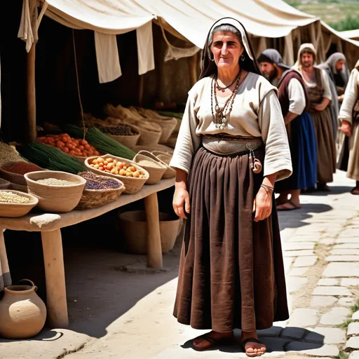 Prompt: A mountain village market in the mediaeval Kingdom of Cilician Armenia about 1300AD. There is a full length 60 year old Armenian woman d ressed in Armenian skirt.  She has  Armenian style hair, brown eyes, a small nose. She wears Armenian facial and body make-up and jewellery.