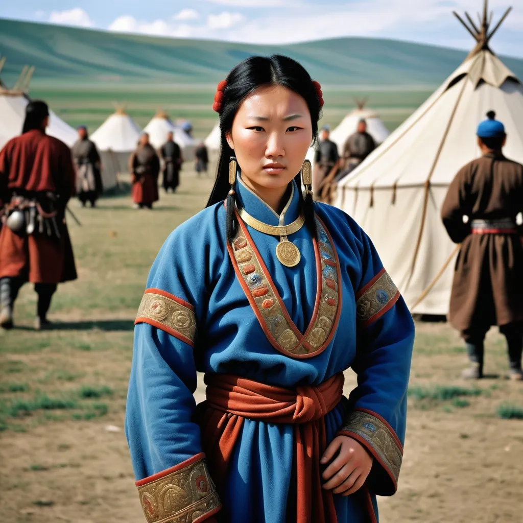 Prompt: A military encampment of the Mongol Empire about 1250AD. Standing in the foreground is a 30 year old Mongolian woman. She has Mongol style hair of the period. She is wearing Mongol clothing of the thirteenth century.  She is wearing Mongol facial and body jewellery.
