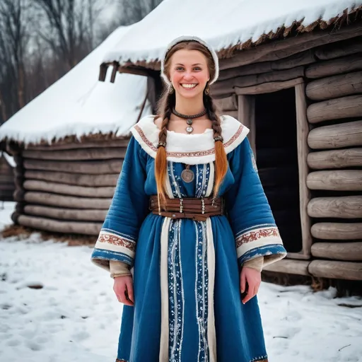 Prompt: A full length image of a smiling 30 year old woman of Kievan Rus in mediaeval Ukraine in 1050AD standing in a woooden village in the snow. She has hair done in the Rus style,. She is wearing Kievan Rus  clothing of the period. She is wearing Kievan Rus face and body jewellery and make-up..