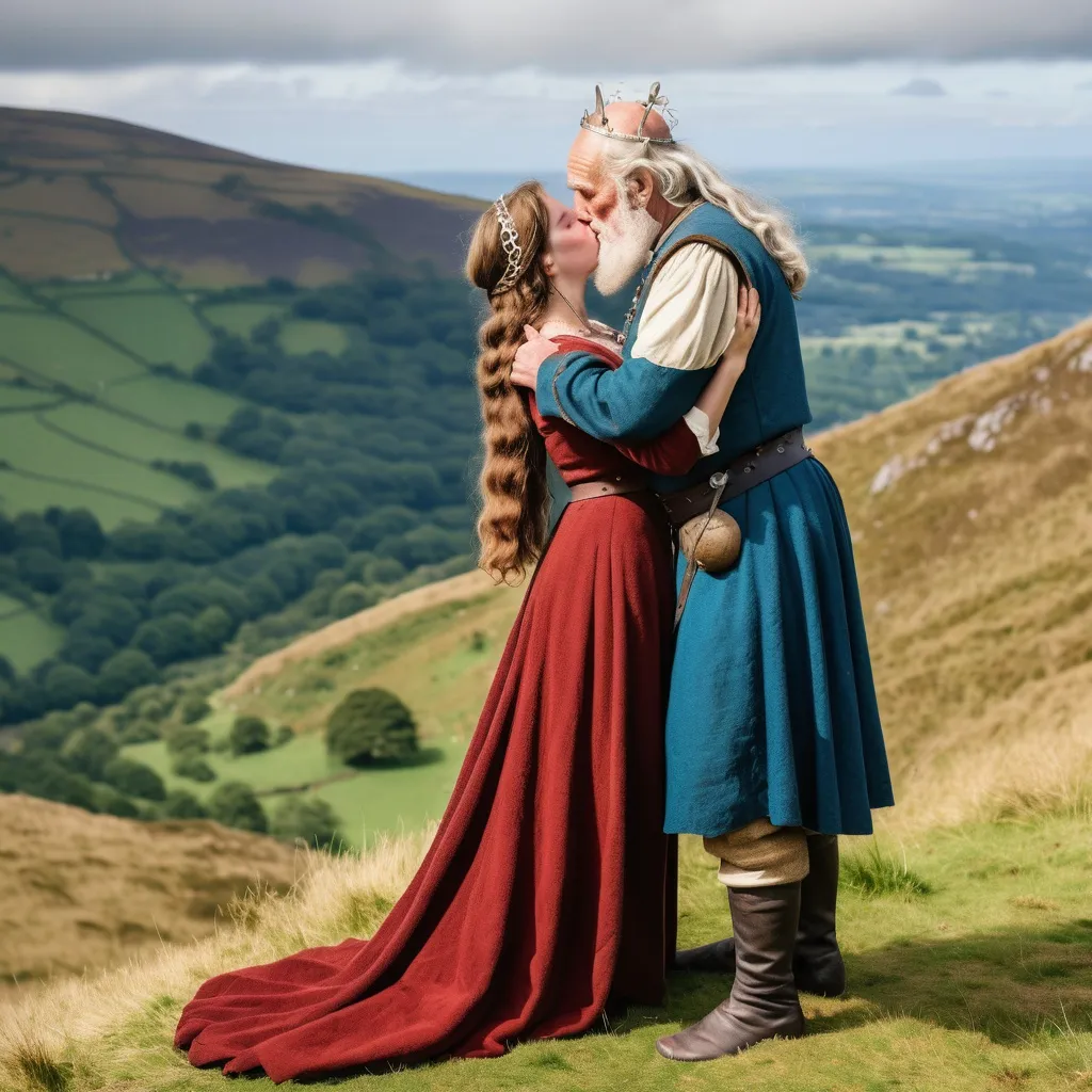 Prompt: A full length image of a 25 year old womanl of the Kingdom of Powys in mediaeval Wales in 1050AD kissing an old man on a mountainside which rises behind them. She has hair done in the Mediaeval Welsh style,. She is wearing Mediaeval Welsh clothing of the period. She is wearing Mediaeval Welsh face and body jewellery and make-up..