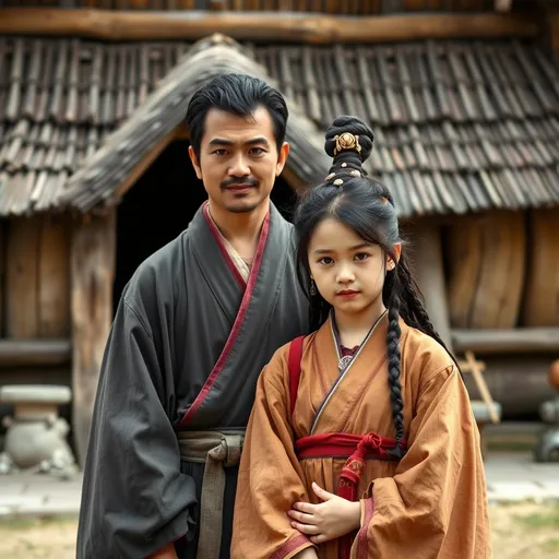 Prompt: A 14 year old peasant girl of the Ashikaga Shogunate in Japan is standing with her father in front of a village hut in 1400AD. She is wearing Ashikaga clothing of the period. She has her hair in the Ashikaga style and is wearing Ashikaga facial and body make-up and jewellery.