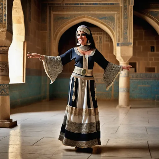 Prompt: In the background is a room in a palace in Mamluk Kingdom of Egypt. In the centre is a full length 70 year old Mamluk dancer dressed in Mamluk dancer clothing is dancing . She has black Mamluk hair, brown eyes, a small nose and Mamluk make-up, facial and body jewellery..
