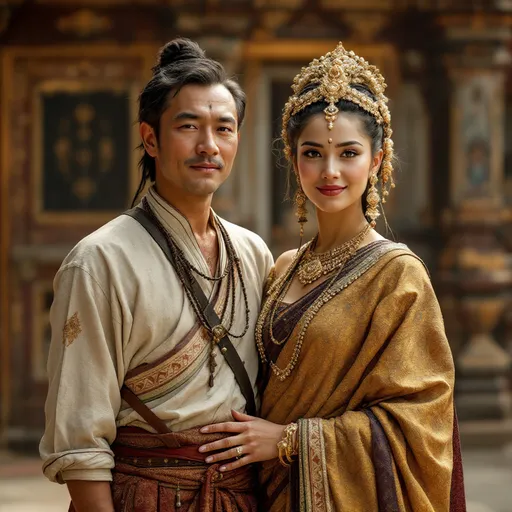 Prompt: A 50 year old peasant woman of the Kingdom of Ava in 1450AD in Burma is standing with herhusband in front of a temple.. She is wearing Ava Burmese clothing of the period. She has her hair in the Ava Burmese style and is wearing Ava Burmese facial and body make-up and jewellery.