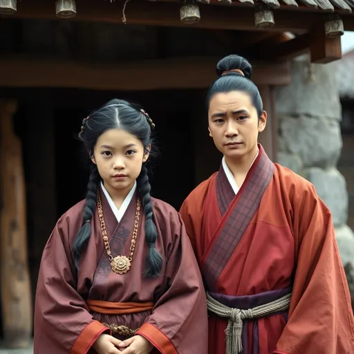 Prompt: A 10 year old peasant girl of the Ashikaga Shogunate in Japan is standing with her father in front of a village hut in 1400AD. She is wearing Ashikaga clothing of the period. She has her hair in the Ashikaga style and is wearing Ashikaga facial and body make-up and jewellery.