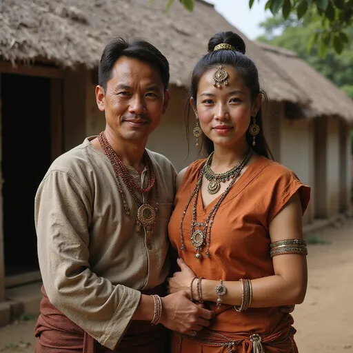 Prompt: A 25 year old peasant woman of the Khmer Empire in 1300CE in Kampuchea is standing with her father in front of a village hut. She is wearing Khmer clothing of the period.  She has her hair in the Khmer style and is wearing Khmer facial and body make-up and jewellery.