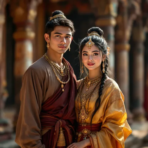 Prompt: A 16 year old peasant girl of the Kingdom of Ava in 1450AD in Burma is standing with herhusband in front of a temple.. She is wearing Ava Burmese clothing of the period. She has her hair in the Ava Burmese style and is wearing Ava Burmese facial and body make-up and jewellery.