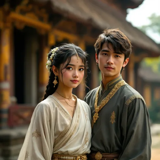 Prompt: A 12 year old peasant girl of the Kingdom of Ava in 1450AD in Burma is standing with herhusband in front of a temple.. She is wearing Ava Burmese clothing of the period. She has her hair in the Ava Burmese style and is wearing Ava Burmese facial and body make-up and jewellery.
