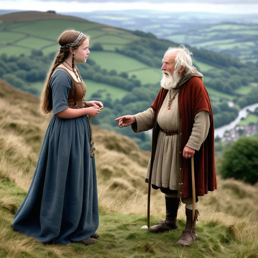 Prompt: A full length image of a 14 year old girl of the Kingdom of Powys in mediaeval Wales in 1050AD talking to an old man on a mountainside. She has hair done in the Mediaeval Welsh style,. She is wearing Mediaeval Welsh clothing of the period. She is wearing Mediaeval Welsh face and body jewellery and make-up..