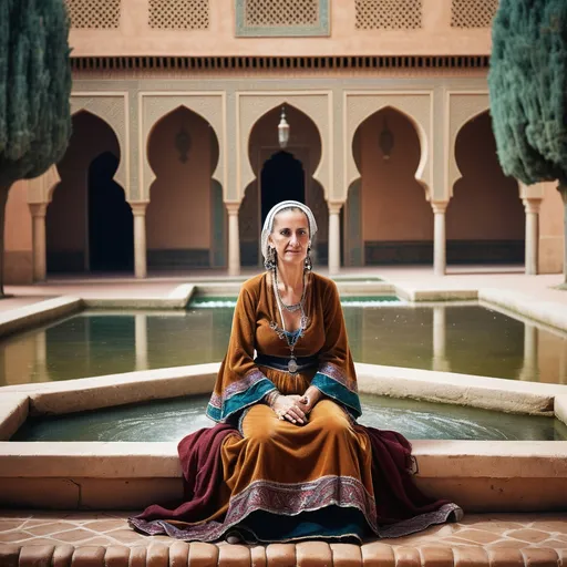 Prompt: A 50 year old woman sits by a fountain in the courtyard of a palace in Saadi Dynasty Morocco in 1350AD. She has Moroccan style hair of the period. She is wearing Saadi Moroccan style skirts of the period.She wears Saadi Moroccan style facial and body jewellery and makeup.