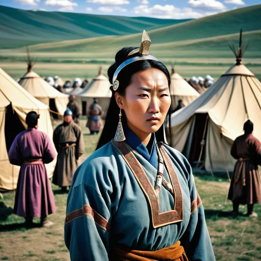 Prompt: A military encampment of the Mongol Empire about 1250AD. Standing in the foreground is a 40 year old Mongolian woman. She has Mongol style hair of the period. She is wearing Mongol clothing of the thirteenth century. She is wearing Mongol facial and body jewellery.