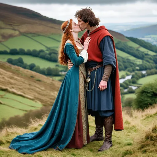 Prompt: A full length image of a 40 year old womanl of the Kingdom of Powys in mediaeval Wales in 1050AD kissing a young man on a mountainside which rises behind them. She has hair done in the Mediaeval Welsh style,. She is wearing Mediaeval Welsh clothing of the period.  She is wearing Mediaeval Welsh face and body jewellery and make-up..