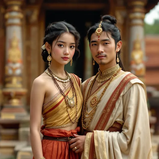 Prompt: A 14 year old peasant girl of the Kingdom of Ava in 1450AD in Burma is standing with herhusband in front of a temple.. She is wearing Ava Burmese clothing of the period. She has her hair in the Ava Burmese style and is wearing Ava Burmese facial and body make-up and jewellery.