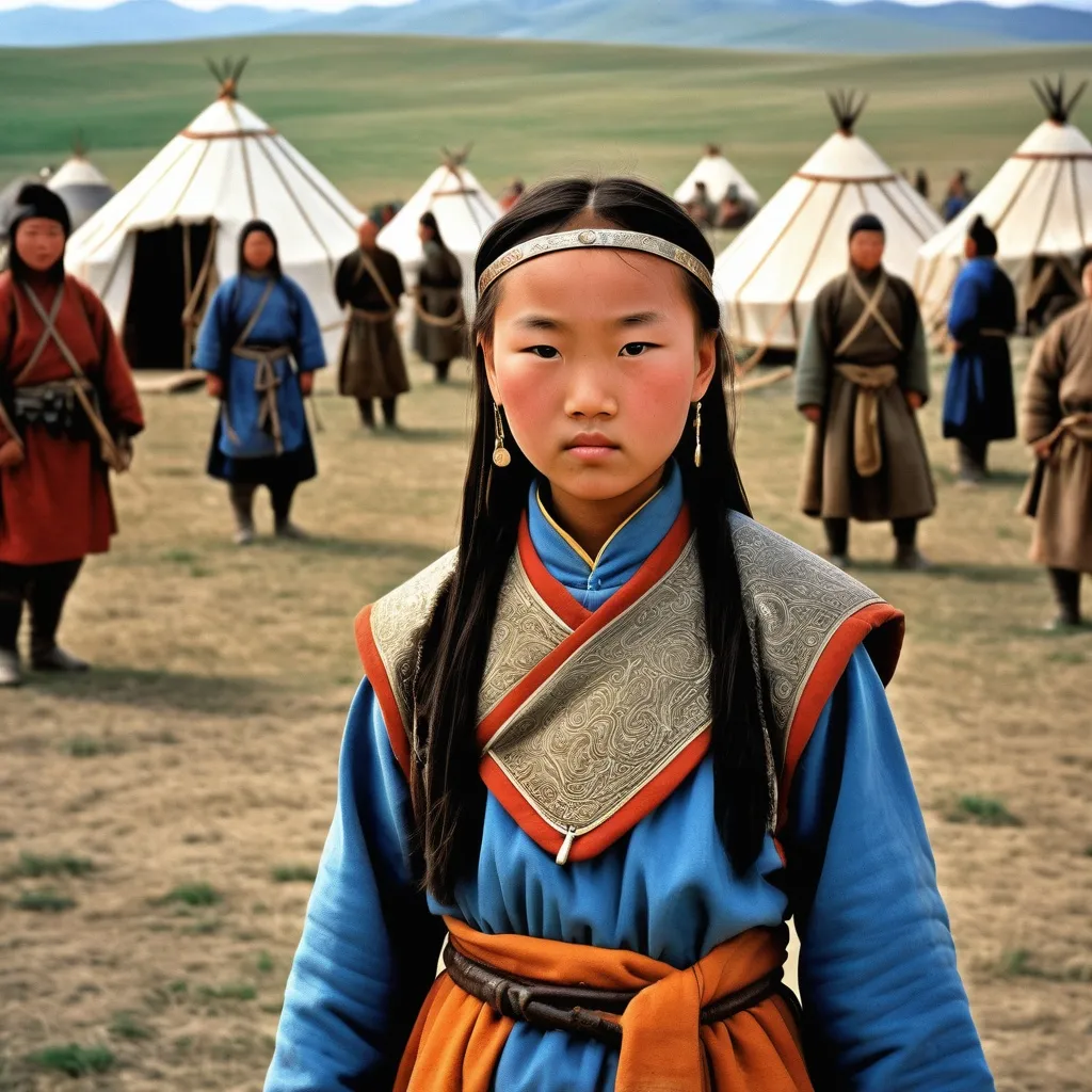 Prompt: A military encampment of the Mongol Empire about 1250AD. Standing in the foreground is a 12 year old Mongolian girl. She has Mongol style hair of the period. She is wearing Mongol clothing of the thirteenth century. She is wearing Mongol facial and body jewellery.