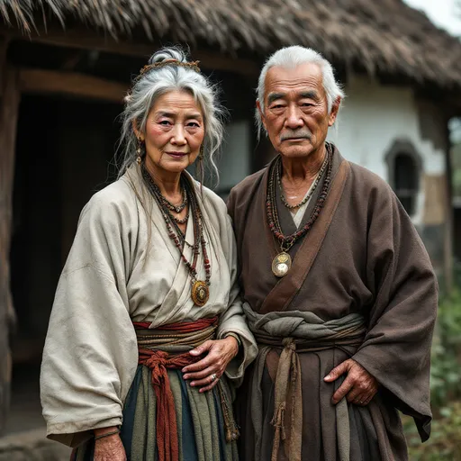 Prompt: A 70 year old peasant woman of the Ashikaga Shogunate in Japan is standing with her father  in front of a village hut in 1400AD. She is wearing Ashikaga skirts of the period.  She has her hair in the Ashikaga style and is wearing Ashikaga facial and body make-up and jewellery.
