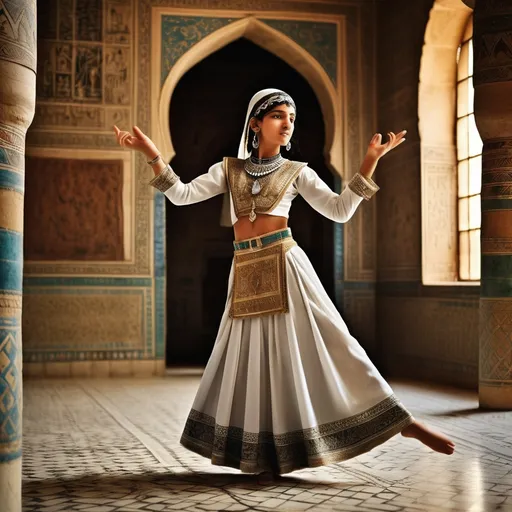 Prompt: In the background is a room in a palace iMamluk Kingdom of Egypt. In the centre is a full length 16 year old Mamluk dancer dressed in Mamluk  dancer clothing is dancing .  She has blackMamluk hair, brown eyes, a small nose and  Mamluk make-up, facial and body jewellery..