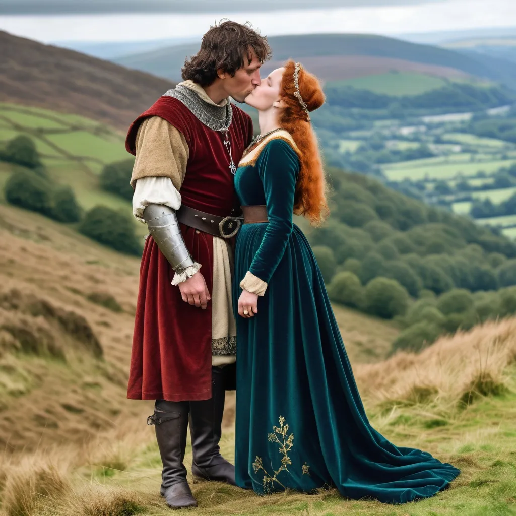 Prompt: A full length image of a 50 year old womanl of the Kingdom of Powys in mediaeval Wales in 1050AD kissing a young man on a mountainside which rises behind them. She has hair done in the Mediaeval Welsh style,. She is wearing Mediaeval Welsh clothing of the period.  She is wearing Mediaeval Welsh face and body jewellery and make-up..