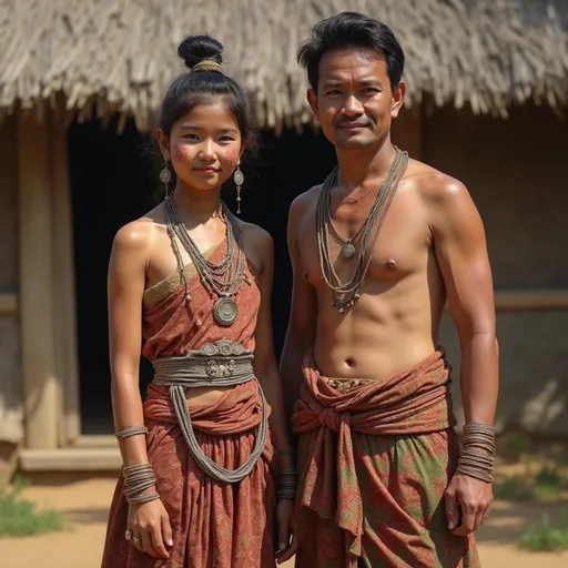 Prompt: A 16 year old peasant girl of the Khmer Empire in 1300CE in Kampuchea is standing with her father in front of a village hut. She is wearing Khmer clothing of the period. She has her hair in the Khmer style and is wearing Khmer facial and body make-up and jewellery.