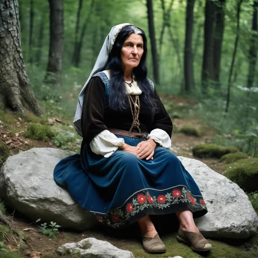 Prompt: A full length picture of a 50 year old Bosnian peasant woman in the mediaeval Kingdom of Bosnia around 1350. She is sitting on a rock in a forest clearing. She is dressed in mediaeval Bosnian costume. She wears flowers in her long black hair. 