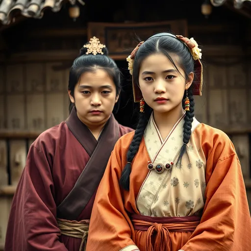 Prompt: A 16 year old peasant girl of the Ashikaga Shogunate in Japan is standing with her father in front of a village hut in 1400AD. She is wearing Ashikaga clothing of the period. She has her hair in the Ashikaga style and is wearing Ashikaga facial and body make-up and jewellery.