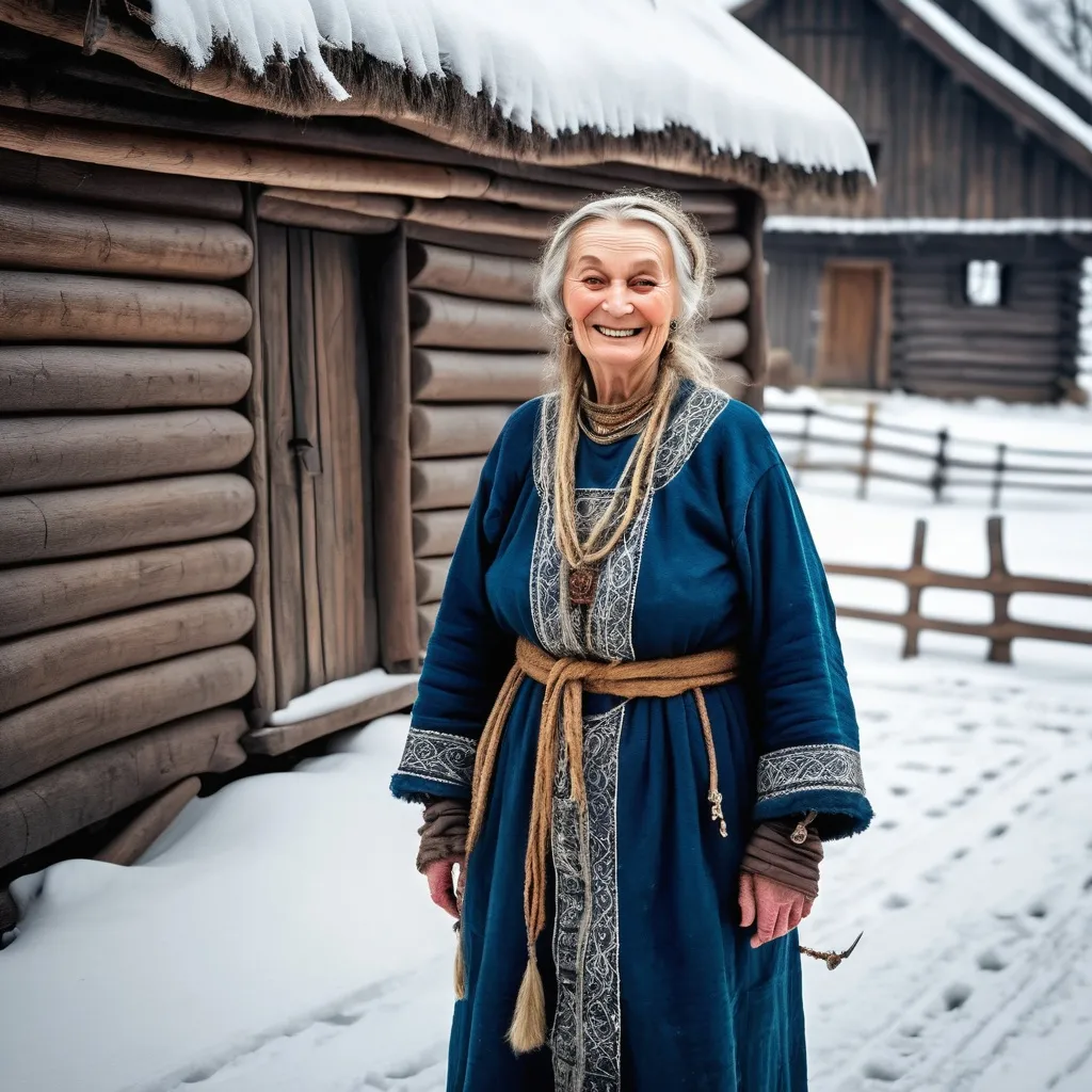 Prompt: A full length image of a smiling 70 year old woman of Kievan Rus in mediaeval Ukraine in 1050AD standing in a woooden village in the snow. She has hair done in the Rus style,. She is wearing Kievan Rus  clothing of the period.  She is wearing Kievan Rus face and body jewellery and make-up..